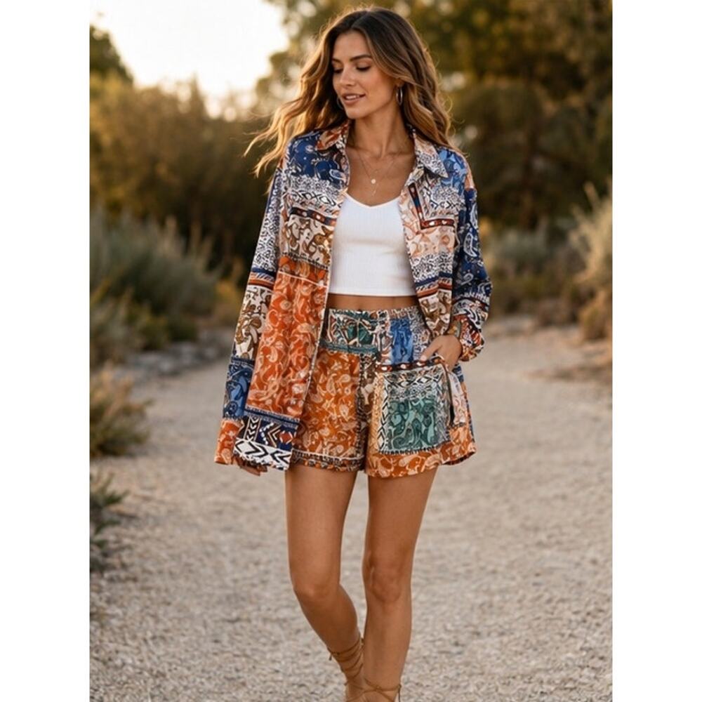 Inmod Patchwork Paisley 2 Piece Shorts Set M Button Down Resort Boho NWT - Picture 2 of 10